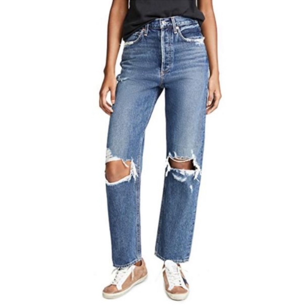 Agolde Distressed High-Rise Straight Jeans in Medium Blue